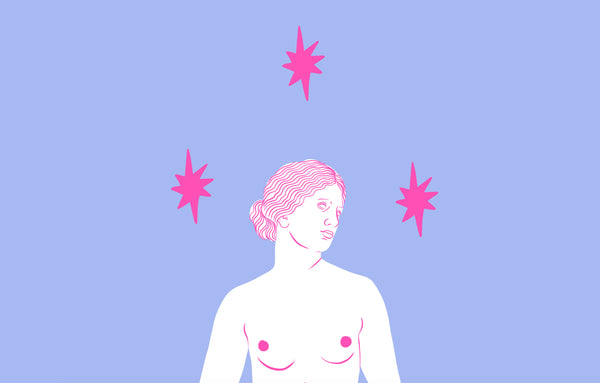 a zoomed in look at an illustration print of a statue of aphrodite full length with bright pink outlines and three pink stars around her head. the background is a medium cornflower blue.