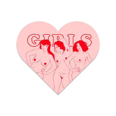 image of a heart shaped vinyl sticker with three diverse nude women with the word girls behind them. the linework is in a bright red and the background colour of the sticker is a pale pink