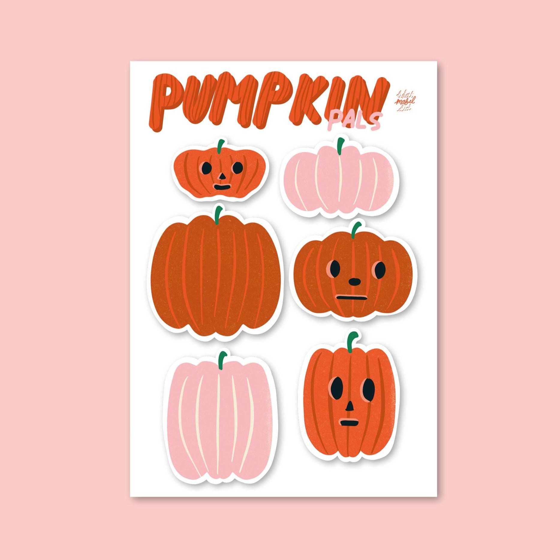 image of a whatmabeldid sticker sheet featuring 6 hand drawn pumpkins