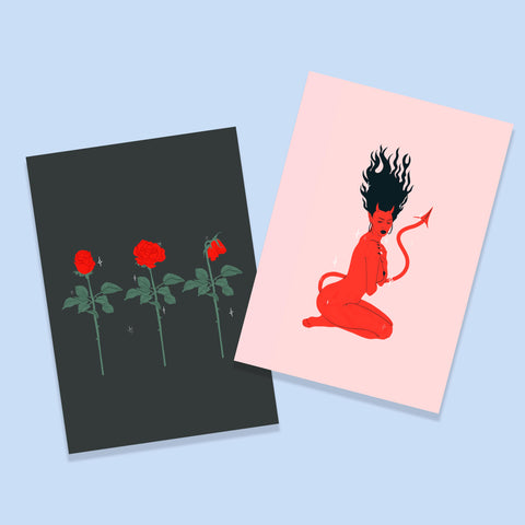Set of 2 Roses and Devil Woman Postcard