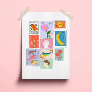 image of an illustration print of a selection of vintage postal stamps.
