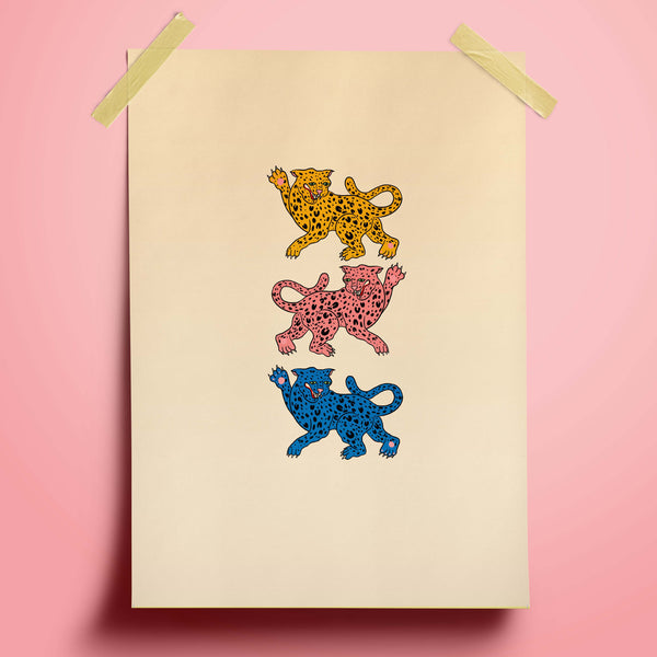 illustration print of three leopards facing in alternating directions. their fur is yellow, blue and pink respectively. the background is a cream colour