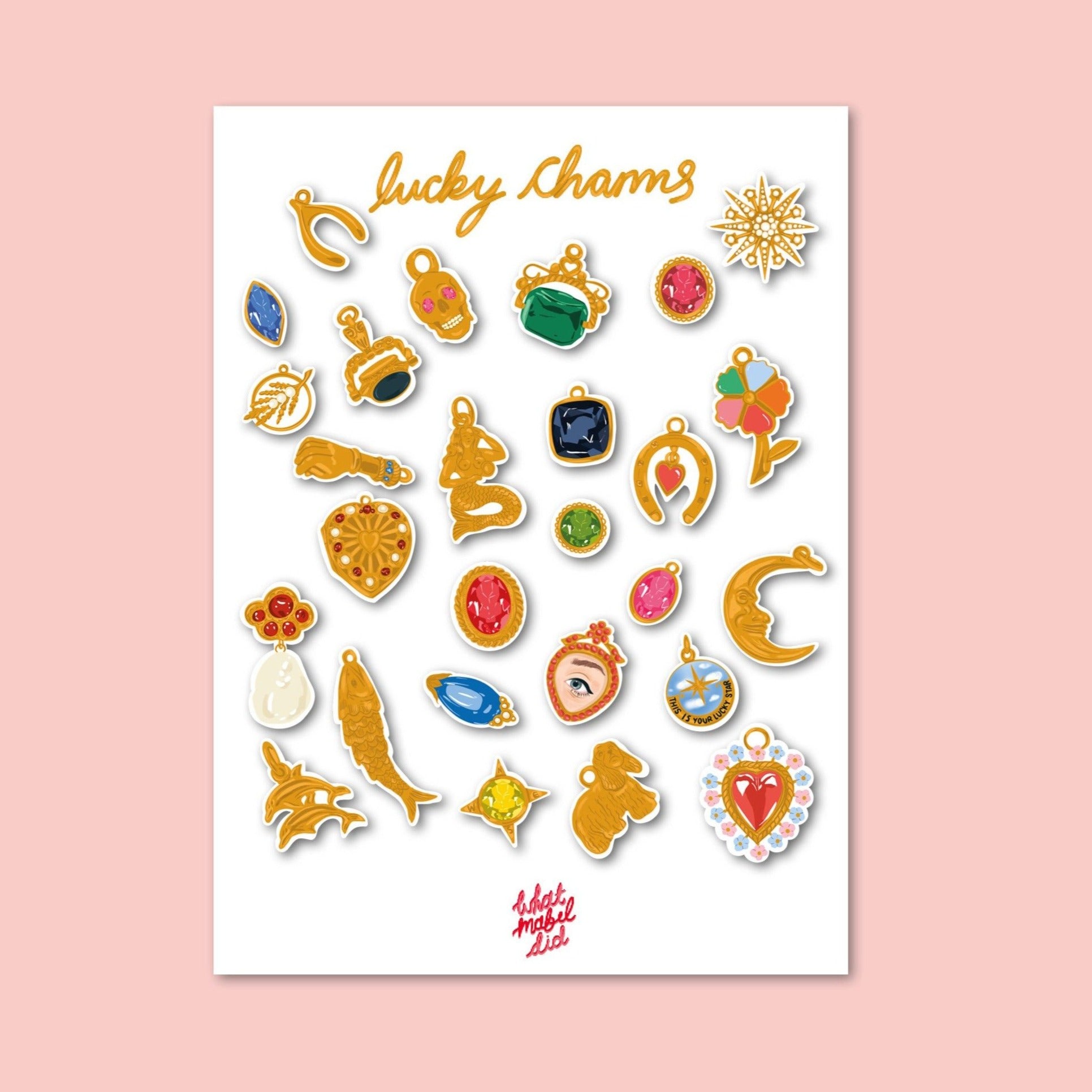 image of a sheet of kiss cut stickers featuring various vintage gold and jewelled charms