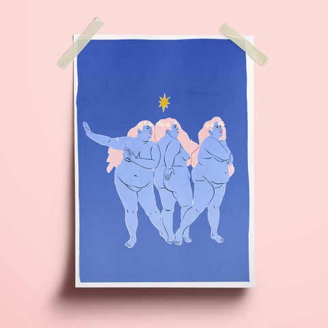 image of an a4 art print featuring three fat women in various poses rendered in a soft palette of blue and pink. above them is a yellow star. the background is a deep shade of blue.