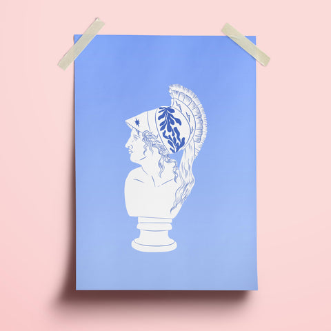 image of an a4 whatmabeldid print featuring a marble bust of the goddess athena on a medium blue background