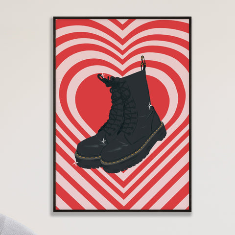 image of an art print featuring platform dr martens on a red and pink heart background