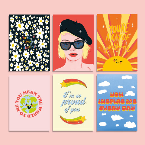 a set of six illustration postcards which feature words of encouragement and positivity